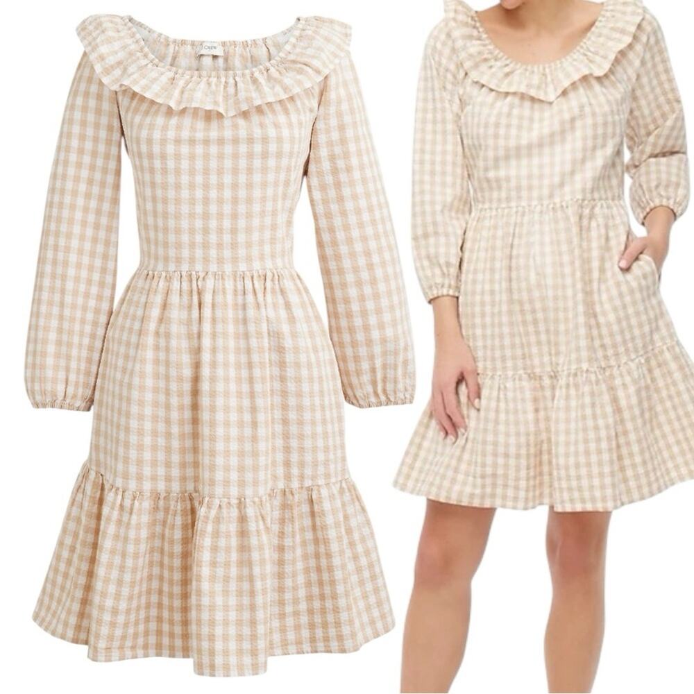 J. Crew NWOT Beige and White Seersucker Ruffle neck Gingham Mini Dress Size 12